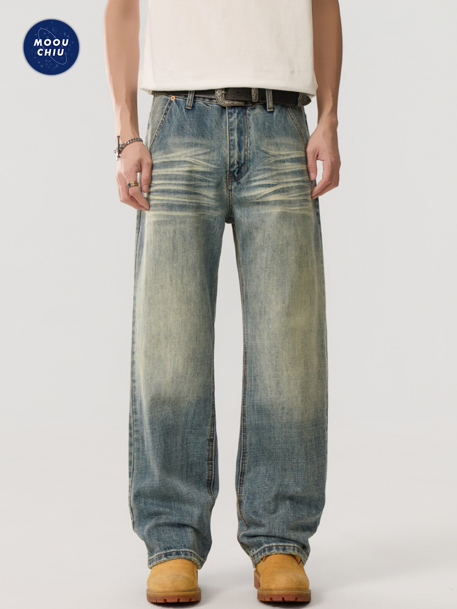 Muqiu Men's Wear | Vintage Washed Jeans with 3D Cat Whiskers, American Old Money Style, Loose Straight-Leg Pants for Men