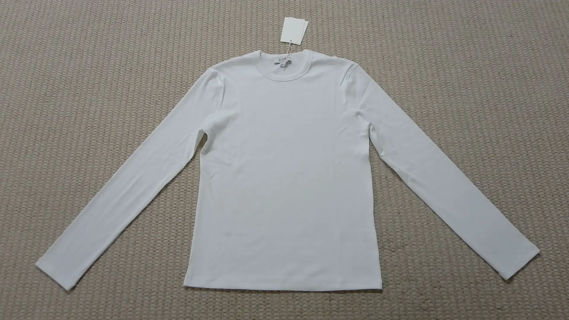 COS Men's Slim Fit Ribbed Cotton Long Sleeve T-shirt White