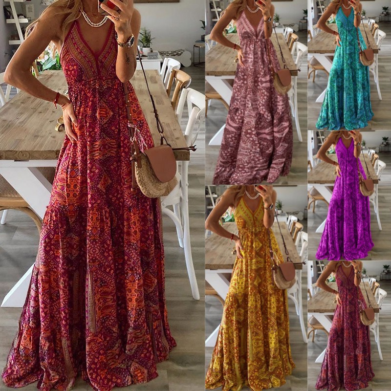European and American New 2024 Bohemian Style New Sling Long Dress High Waist V-Neck Printed Floral dress Women's Clothing