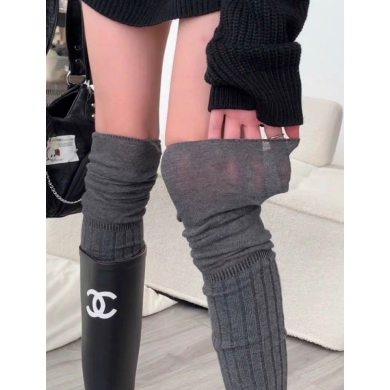 High-grade Grey Long-tube Over-the-Knee Socks for Children with Boots Niche Lazy Style Solid Color Pile Socks Internet Celebrant Pure Cotton JK Socks