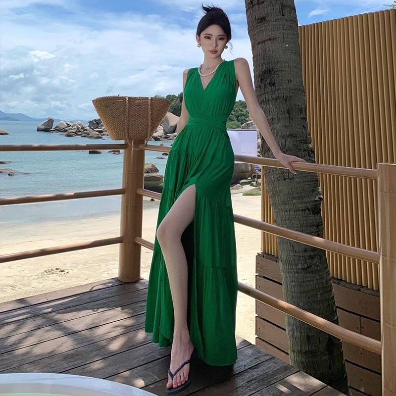 French-Style Red V-Neck Tie Halter Dress for Women, Perfect for Seaside Vacations, Stunning Backless Design, Sexy Slit, Slimming Long Dress