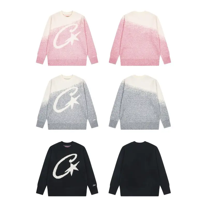 Corteiz Devil's Island Jacquard Embroidered Letter Gradient Knitted Sweater Autumn/Winter Men's and Women's Loose Round Neck Sweater ins