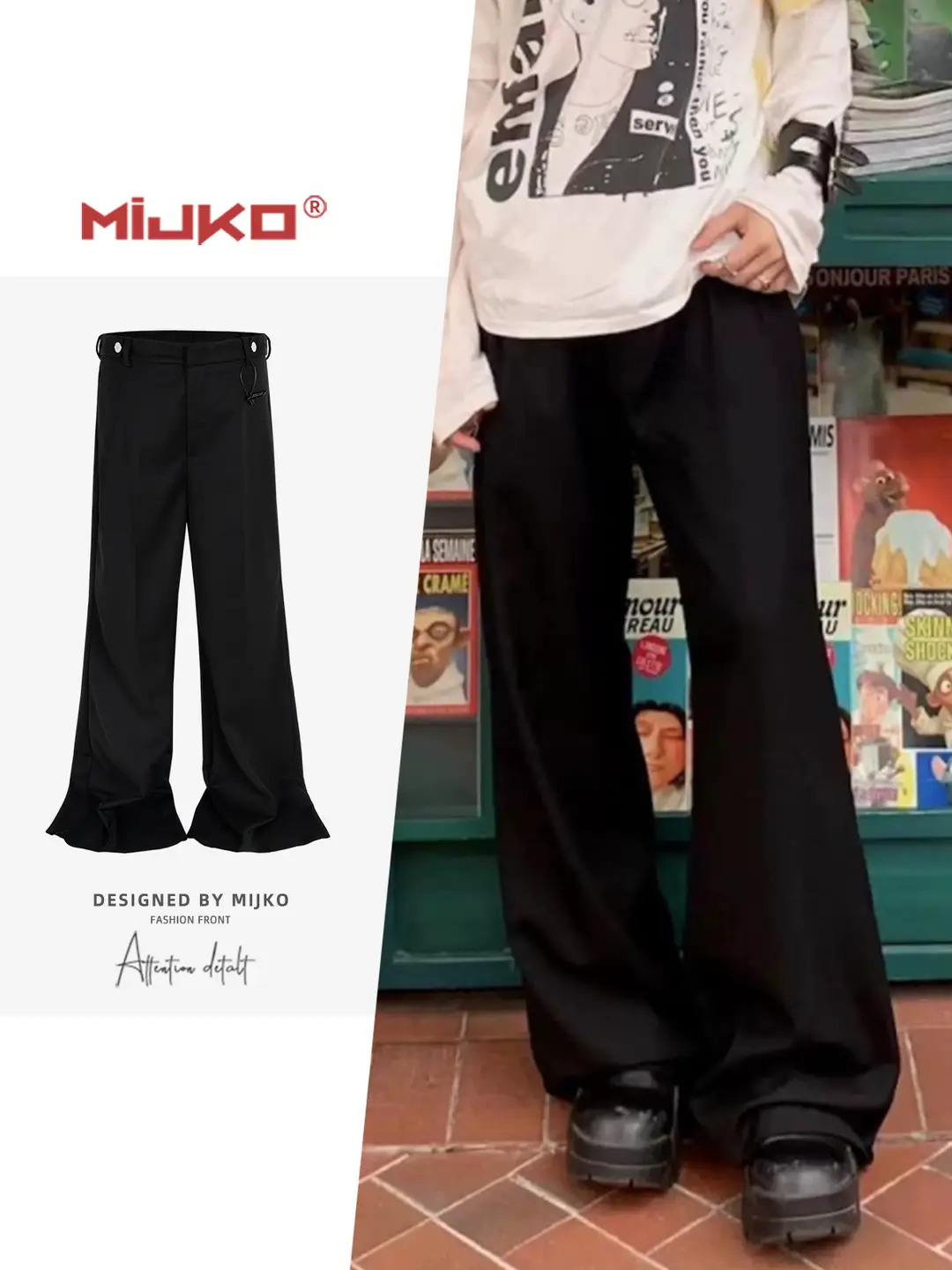 Mijko Men's and Women's Draped Slightly Flared Trousers for Men and Women, Wide-Leg Button Belt Black Casual Trousers