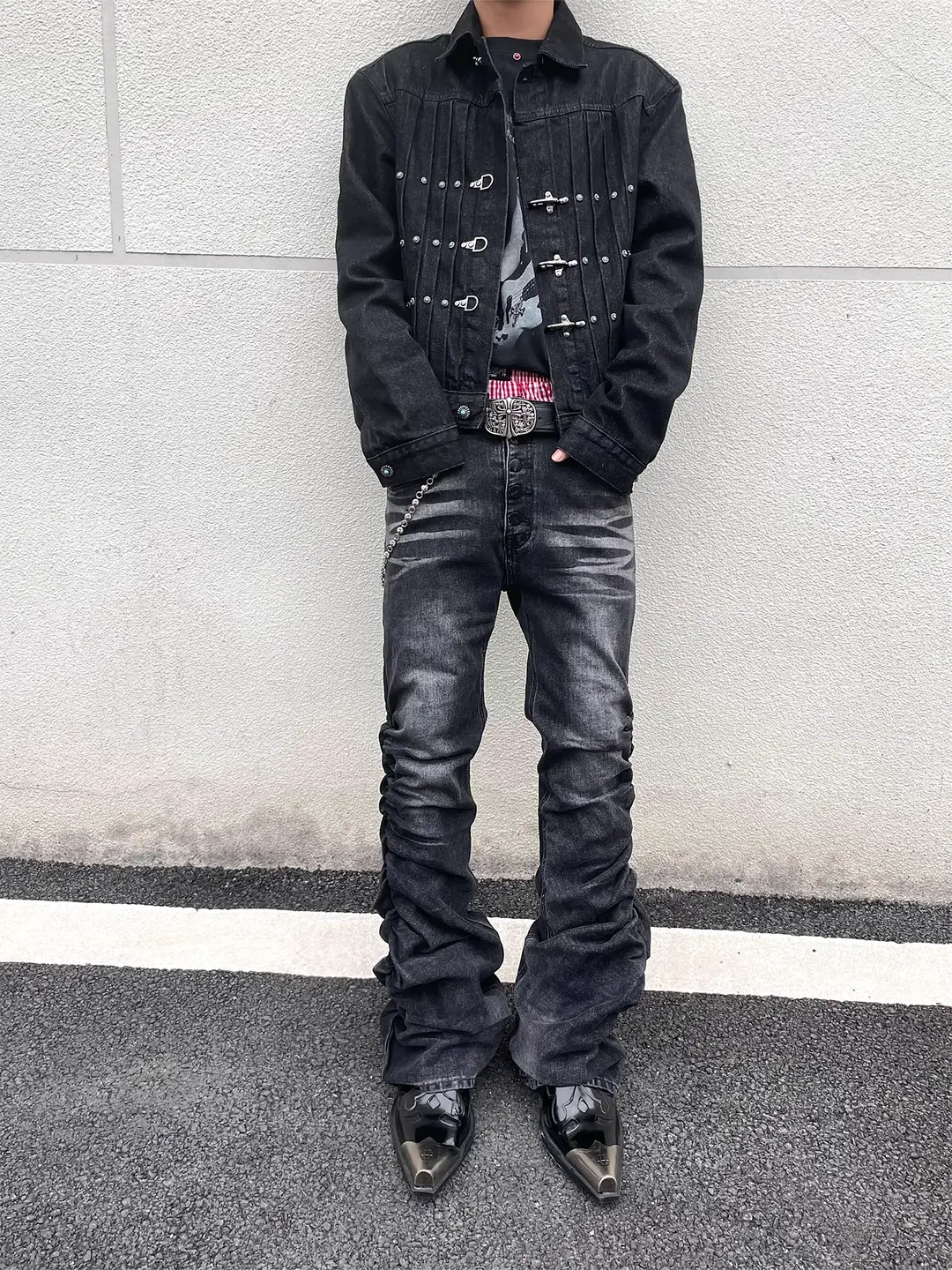 American Retro Washed Vintage Vibe Lightning Pattern Whiskered Pleated Flared Jeans for Men and Women, Slimming Stacked Long Pants