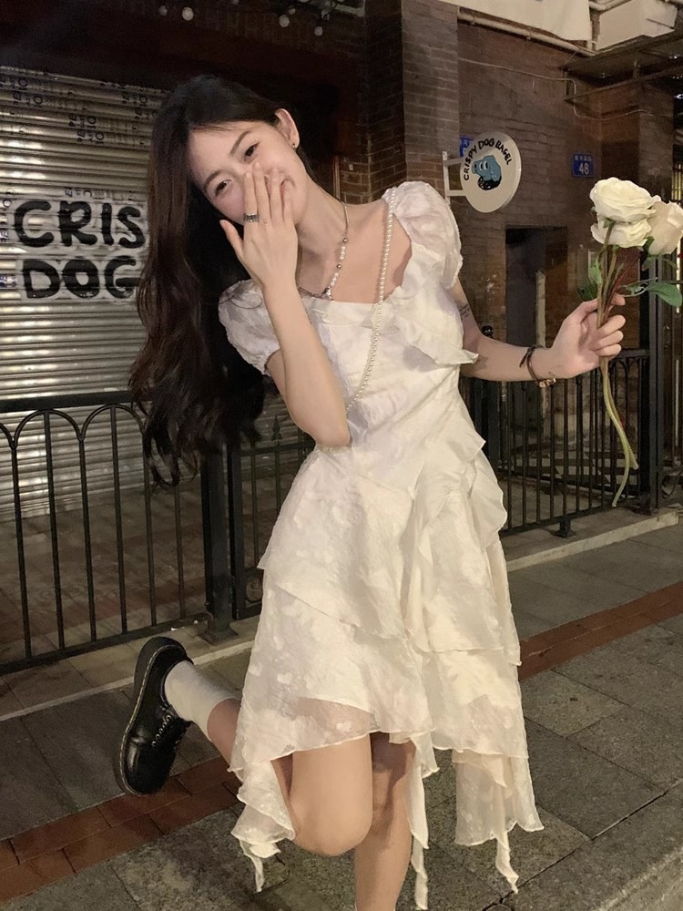 Tea Break French-Style First Love White Irregular Dress for Women 2026 Summer Super Fairy Seaside Vacation Style Petite Short Dress