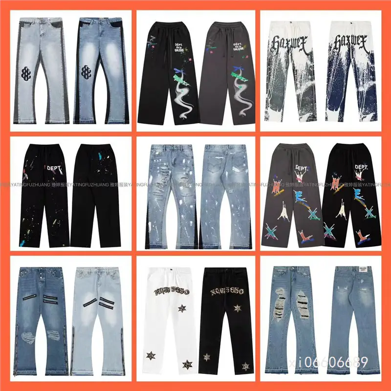 Foreign Trade G D Hand drawn Ink Splashing Splicing Drawstring High Street Leisure Sports Bathroom Pants Micro Pull Pants Men's Cowboy Pants Women's