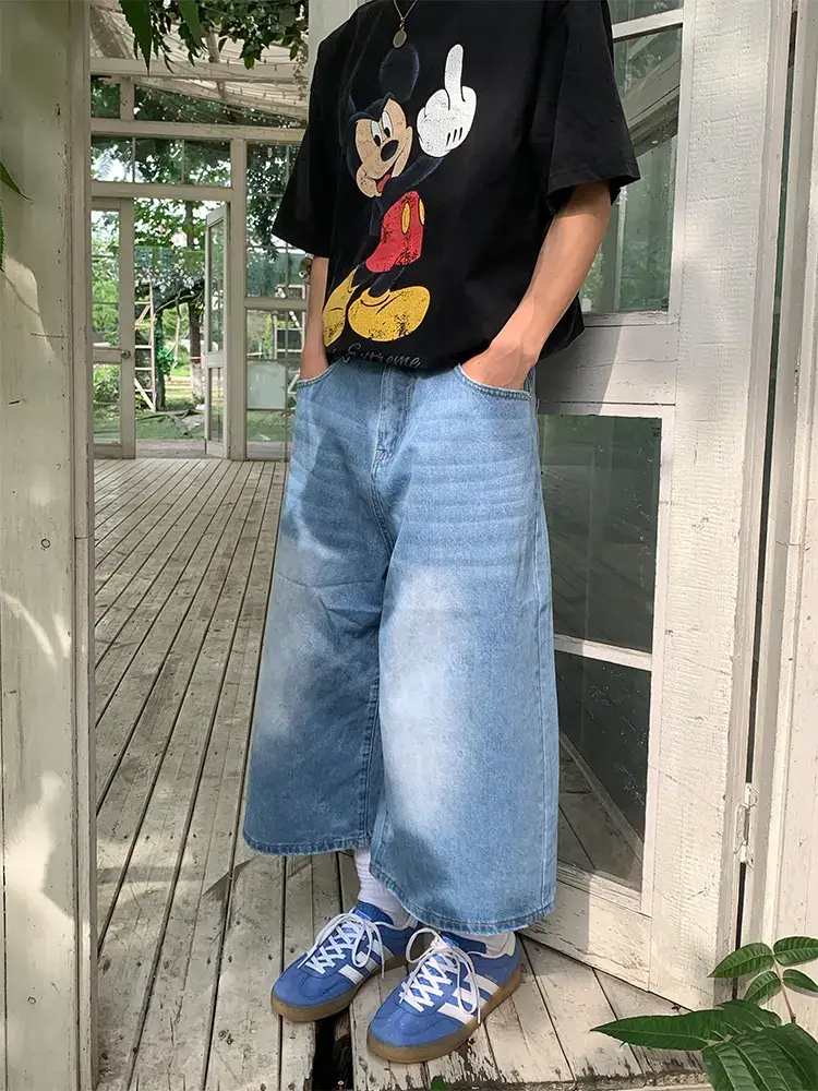 Japanese style Street Loose Straight-leg Skateboard Cropped Pants Vintage Washed Vibe Denim shorts American Wide Legs