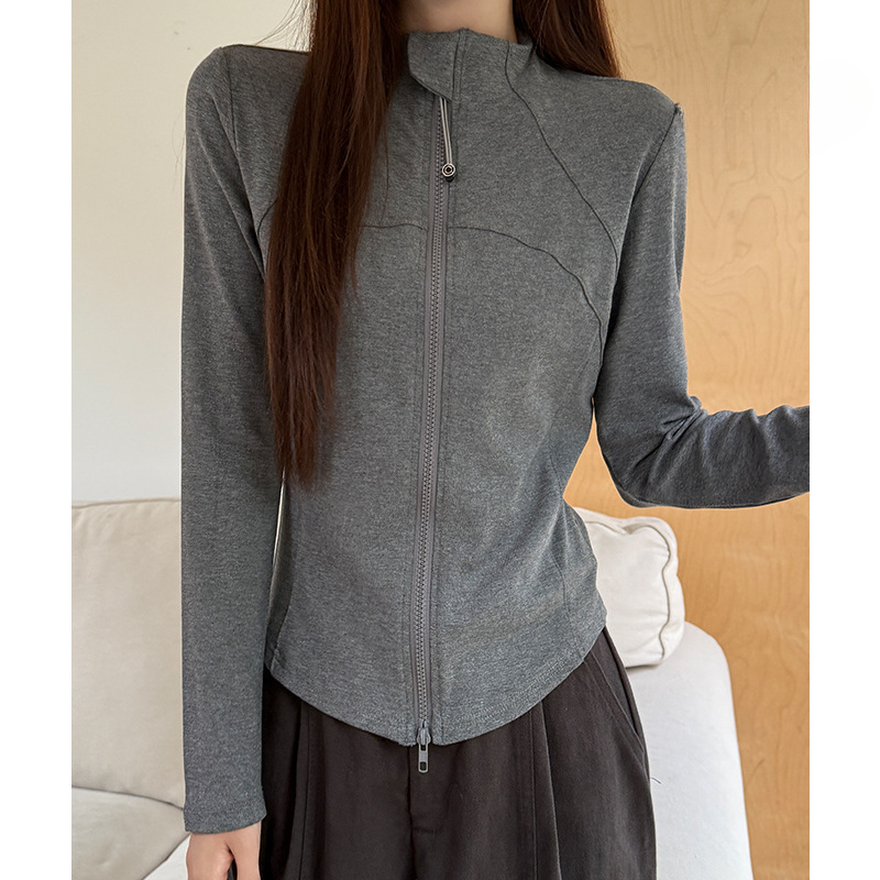 New Autumn and Winter Stand-Up Collar Zipper Long-Sleeved T-Shirt Design Slim Fit Fleece-Lined Thickeneded European and American Style Cross-Border Versatile Top
