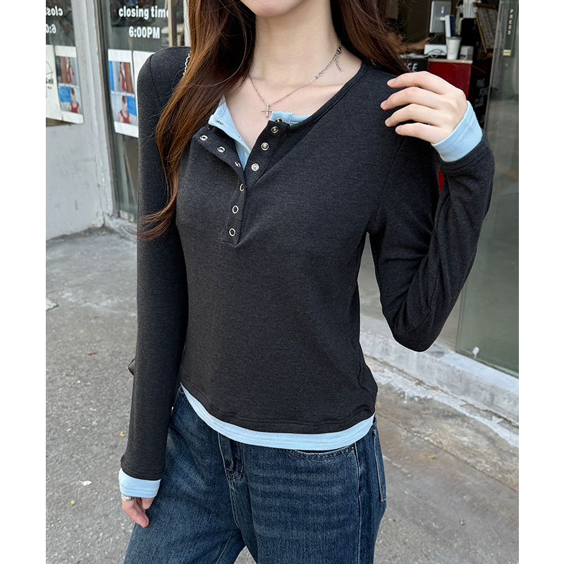 New Autumn and Winter Fake Two-Piece Henry Collar with Right Shoulder Long-Sleeved T-Shirt Bottoming Shirt Casual Knitted Top for Women