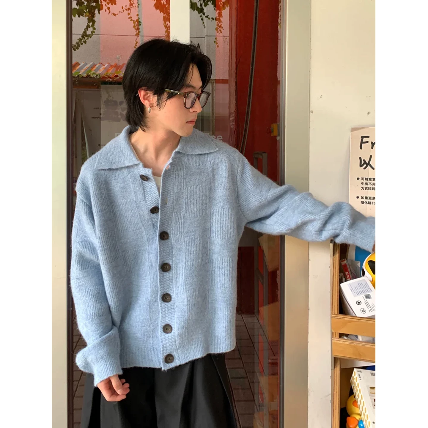 Peacock blue American cardigan sweater for men and women in autumn and winter, lazy and loose, versatile, retro and high-end knitted sweater jacket