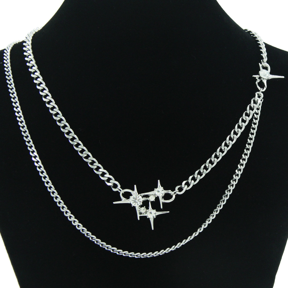 Distinctive Double Layer Cuban Chain Set Chain Necklace Pendant Instagram Style Trendy Light Luxury Diamond Star Titanium Steel Neck Chain Neck Chain