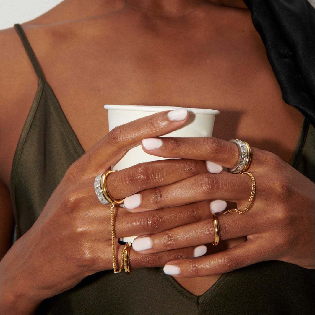 18K Gold and Silver Two-Tone Double Ring Zircon Chain Ring, Versatile Stackable, Light Luxury, European and American Style, Cross-Border Amazon Jewelry