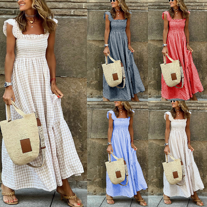 2024 Cross-Border Independent Station Amazon Summer Temperament Women's Clothing Collage Plaid Suspender Elastic Swing Dress