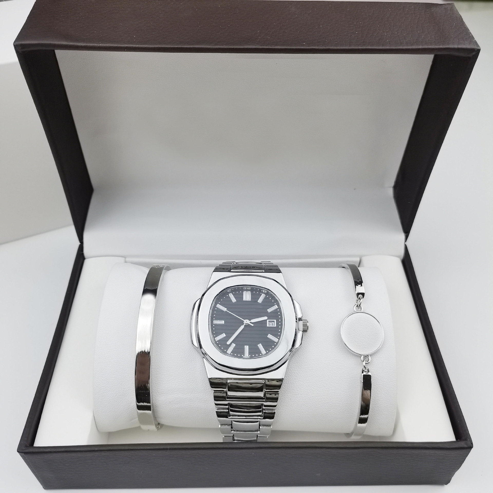 3-Piece Set of Watches Nautilus Series Men's and Women's Quartz Watches with Steel Band and Diamonds Women's Grenade Watches
