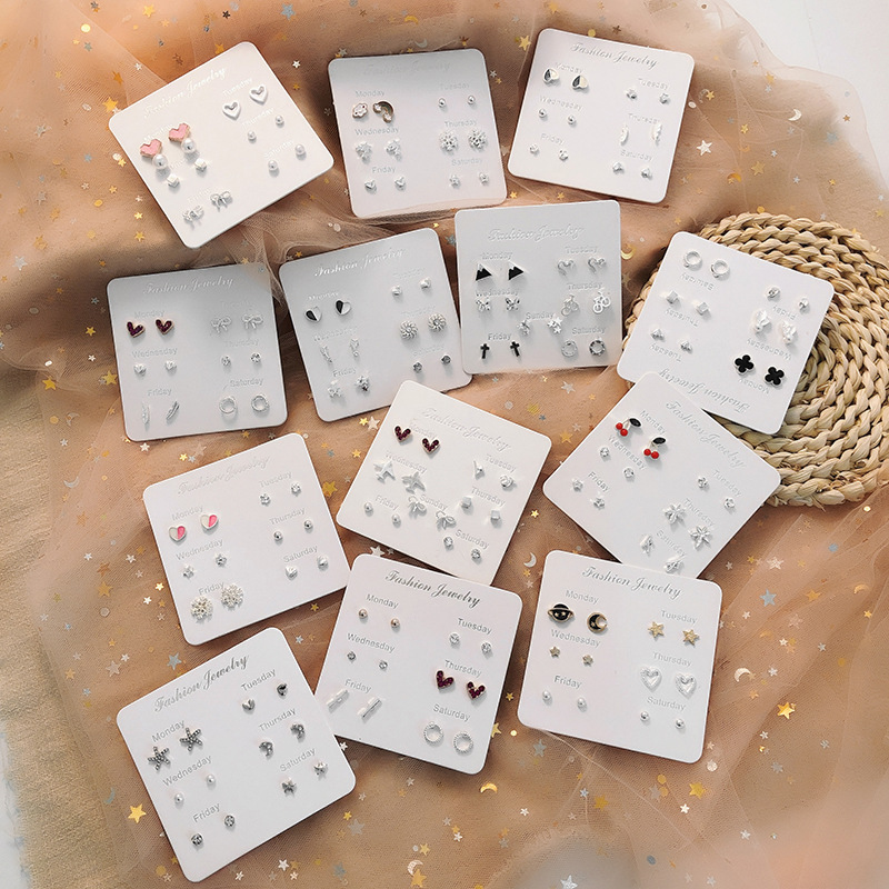 Pinduoduo's Popular One-Week Earring Set 925 Pearl Earrings for Women, Simple and Fashionable Small Jewelry Earrings for Women's Street Stalls