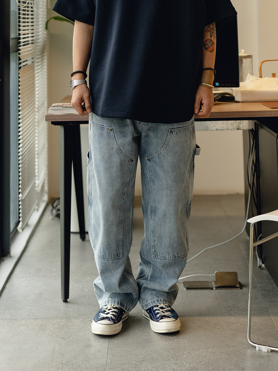 Trs Japanese Trendy Workwear | 26Ss Kaha B01 Washed Spray-Washed Double-Knee Straight-Leg Lumberjack Work Jeans for Men and Women.
