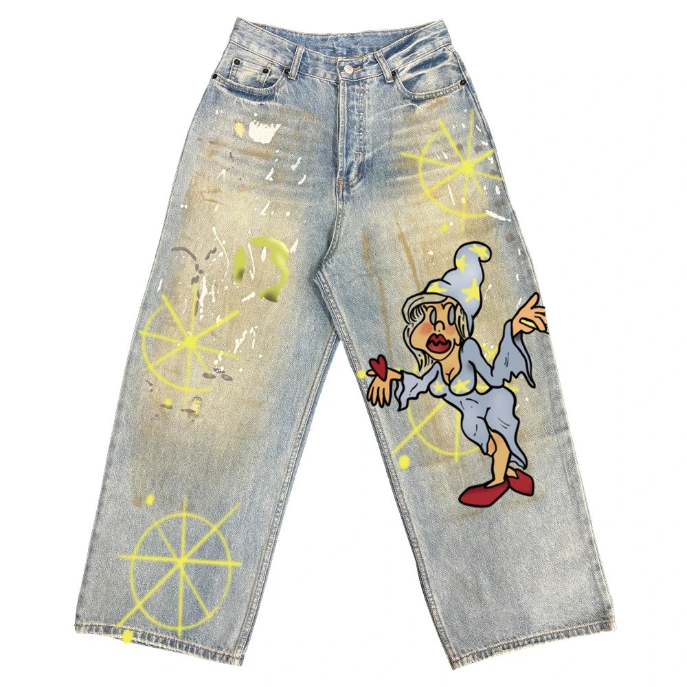 Straight Gothic Style Design Sense Punk Ancient Loose Gender Free Street Men and Women Wide Leg Old Jeans-Prism