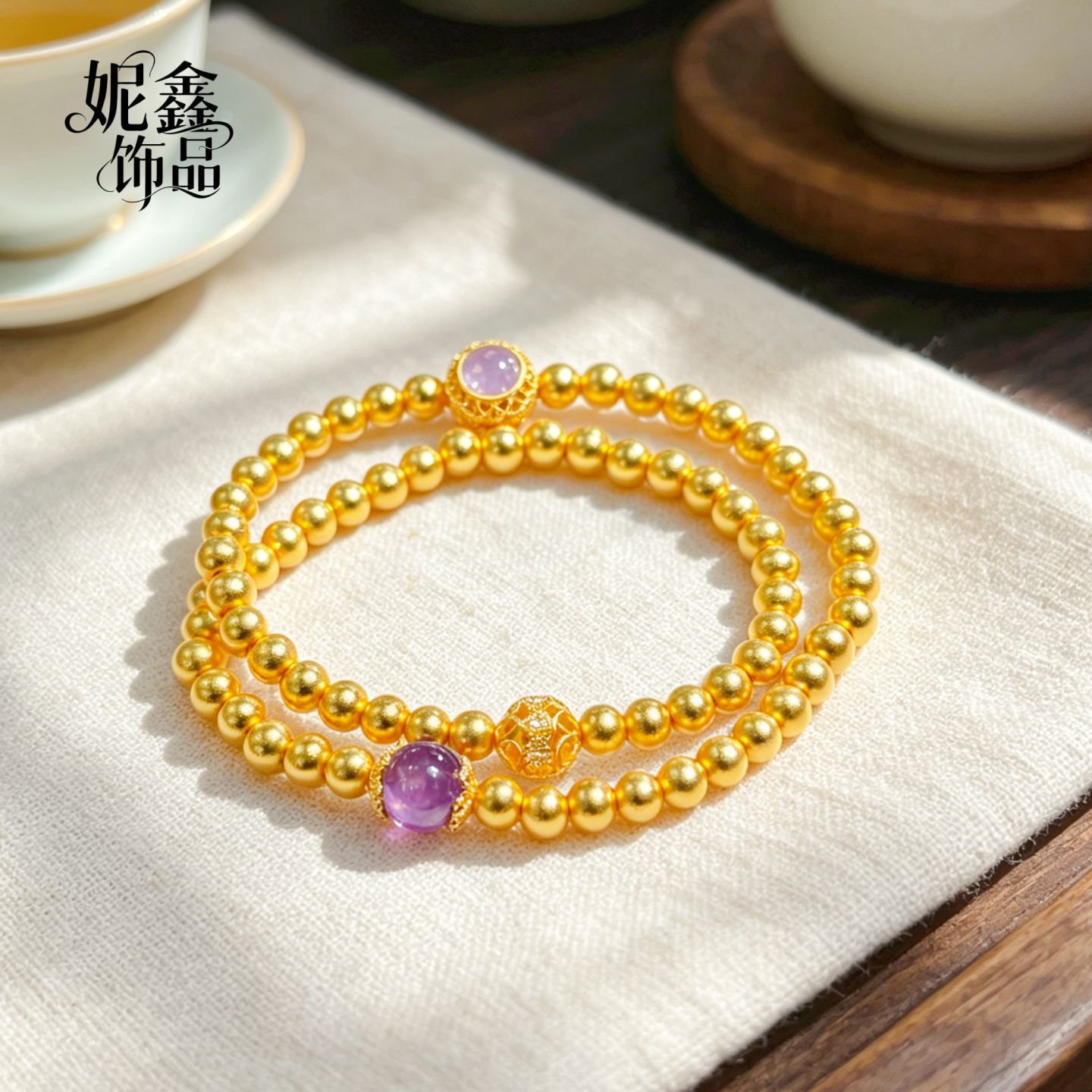 Nixin Handmade Traditional Gold-Plated Purple Rhinestone Double Circle Multi-Gem DIY Bracelet for Women in New Chinese Style with Amethyst Beads