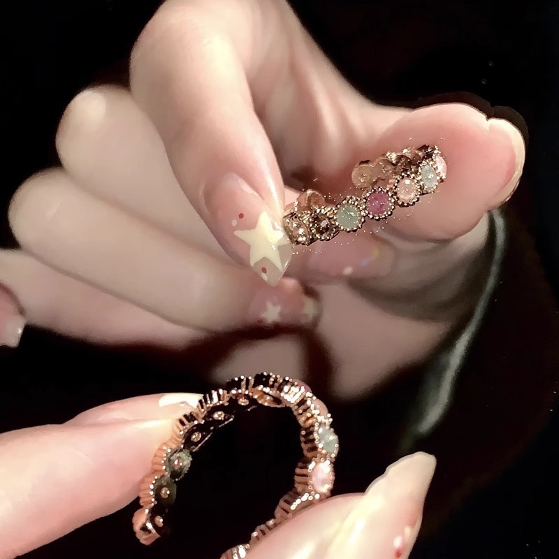 Sunset Party Rainbow Tourmaline Ring Light Luxury Retro Color Sweet Cool Ins Style Gemstone Adjustable Ring Wholesale
