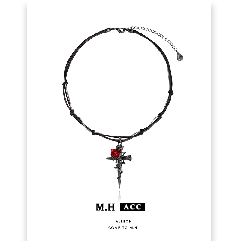 Dark Gothic Style Red Rose Wrapped Cross Pendant Necklace Women's Niche Design Black Braided Clavicle Chain