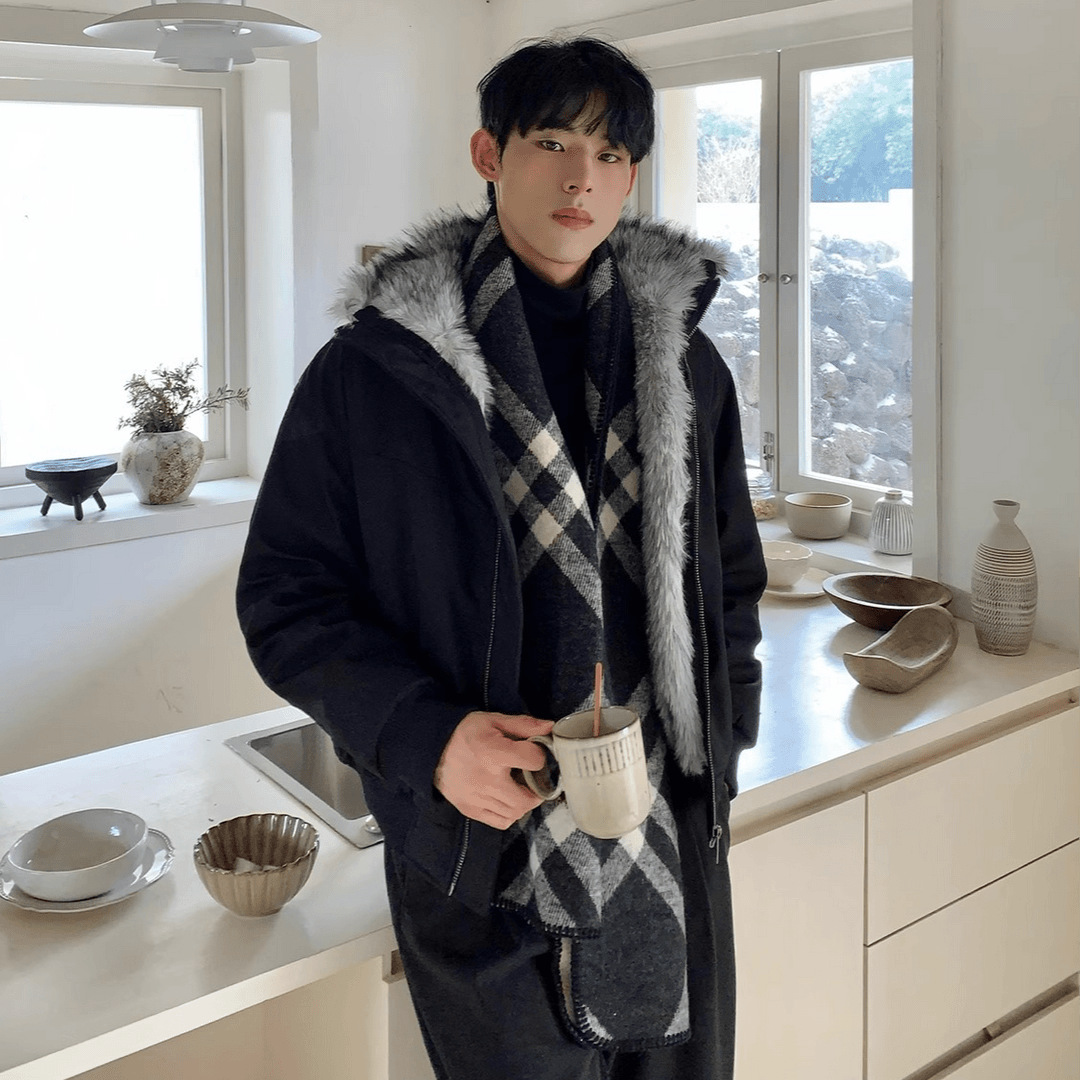 Winter American Style Vintage High Street Mountain Carved Fur Collar Cotton-padded Jacket Men's Bomber Jacket Coat fleece-lined Warm Cotton-padded Coat