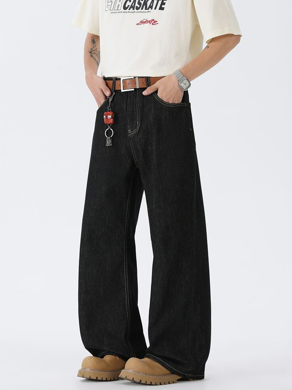 Mingge | American Retro Trendy Brand Original Black Denim Jeans for Men, Loose Wide-Leg Casual Straight Long Pants for Men