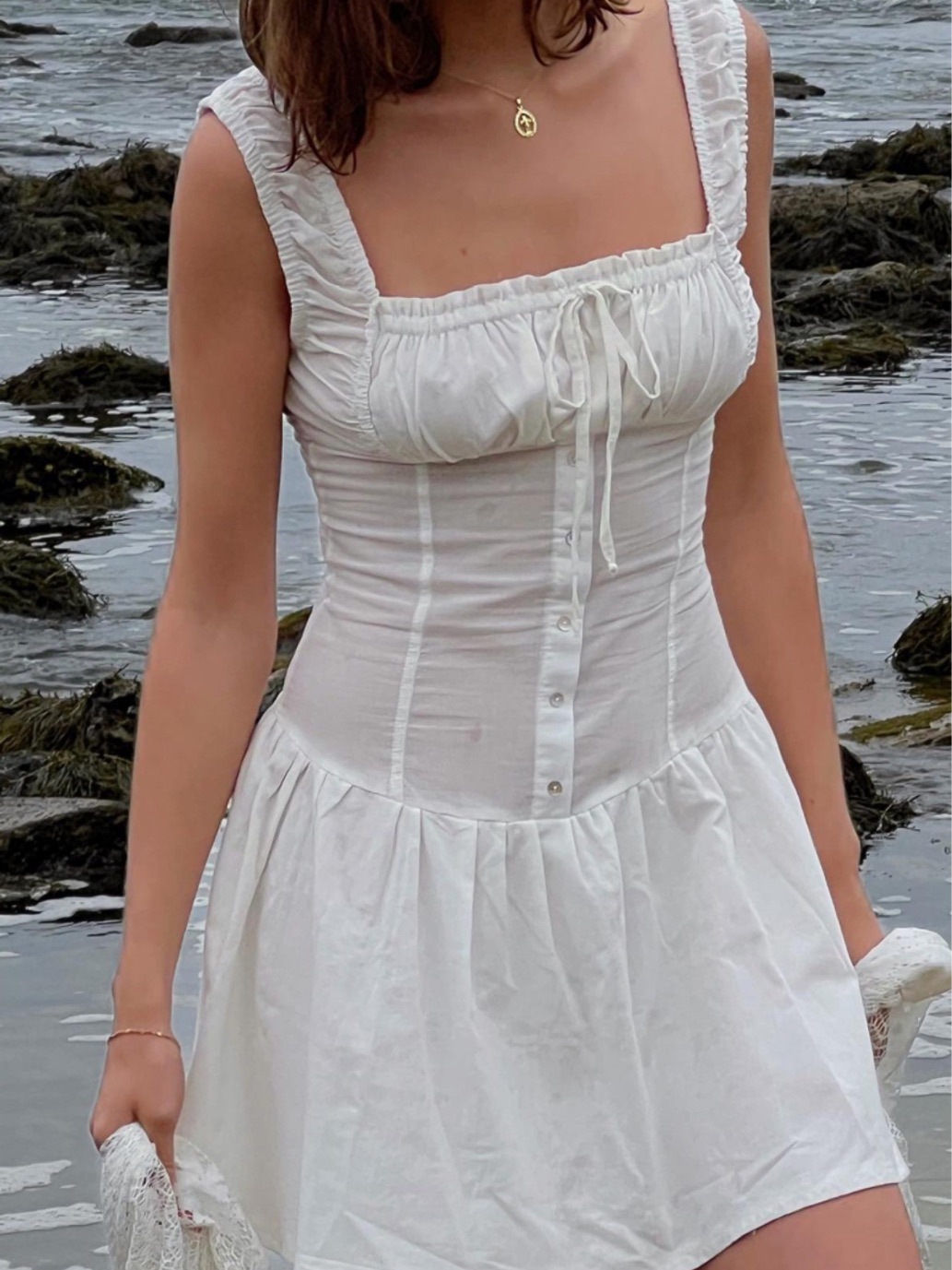 23 New Beaver Same Style Pure Desire Hot Girl Style French Square Neck Vest Waist Dress Short Style for Small Women 3225