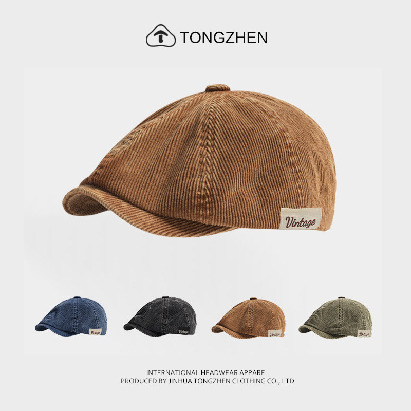 Autumn New Brown Retro Corduroy Octagonal Hat for Men and Women, Reversible Beret, Versatile Solid Color Forward Cap for Autumn and Winter