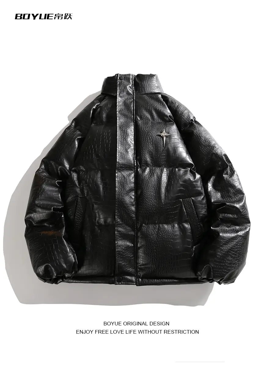 Boyue Silk Star Brooch Pu Leather Cotton Jacket American Style Trendy Brand Fashion Simple Loose Couple Outfit Puffer Jacket for Men
