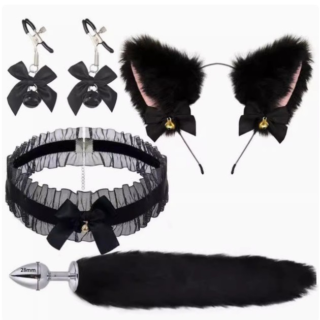 Sexy Three-Piece Set, Anal Plug, Male and Female Sex Toys, Sm Metal Sex Set, Fox Tail