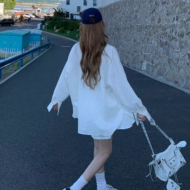 White Shirt Jacket for Women Summer Thin Sun Protection Cotton Shirt Cardigan with Loose Lazy Style Outer Top