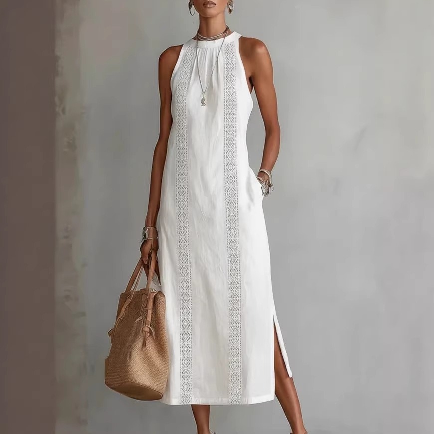 Amazon Tk European and American 2026 Spring and Summer New Women's Halter Neck Solid Color Lace Splicing Sleeveless Dress for Women