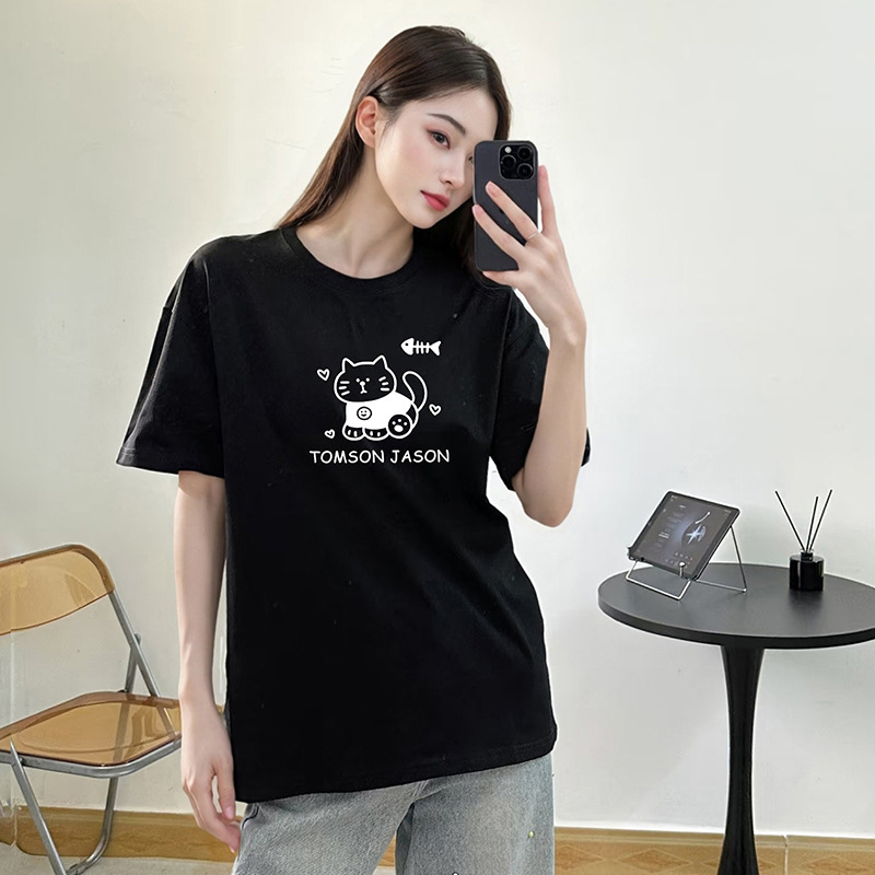 260g Heavyweight Pure Cotton Short-Sleeved T-Shirt for Women Summer New Design Cute Cat Print Half-Sleeved Right Shoulder Top