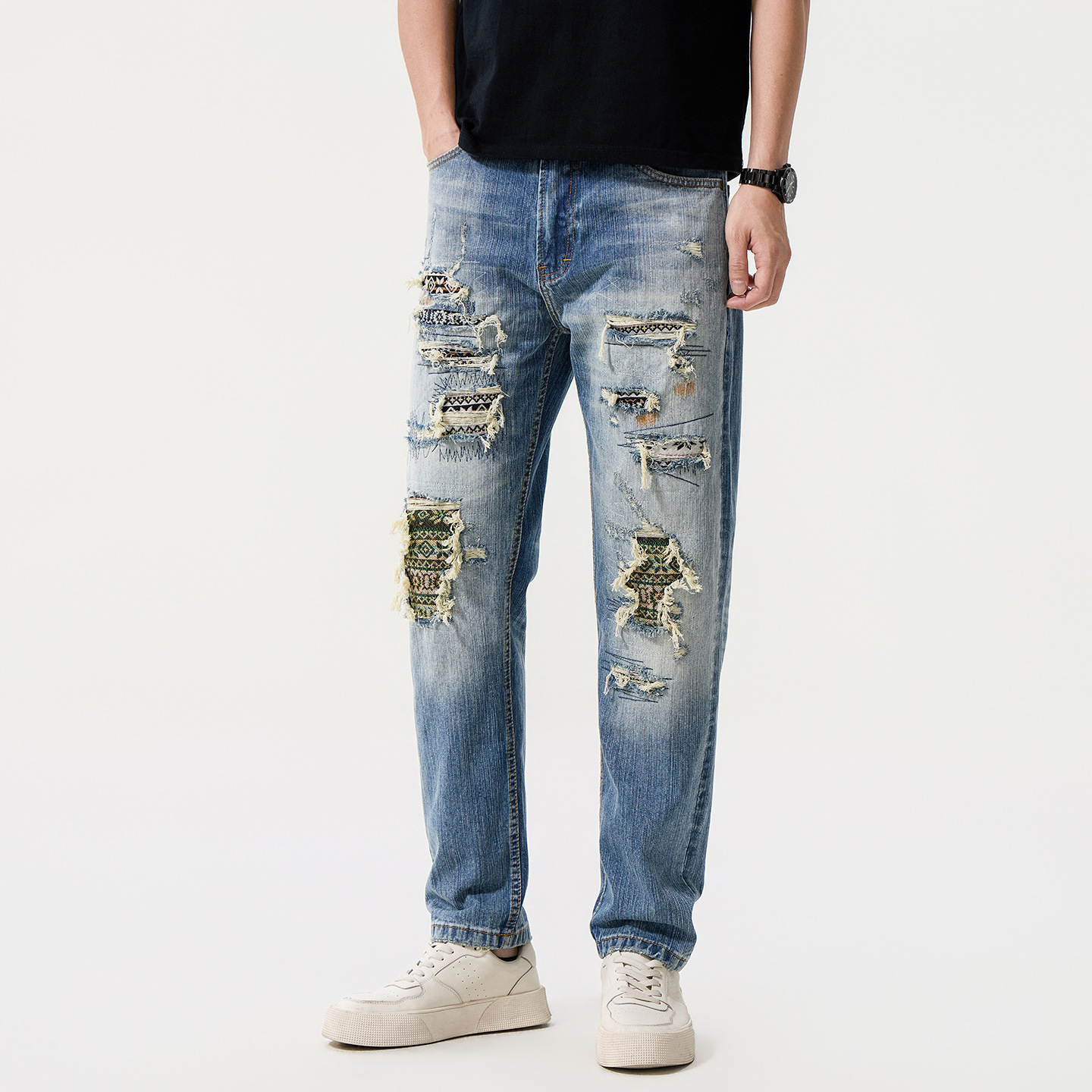 In-Stock American-Style Trendy Brand Distressed Ripped Patchwork Jeans for Men, Hong Kong Style, Slim Fit, Skinny Jeans