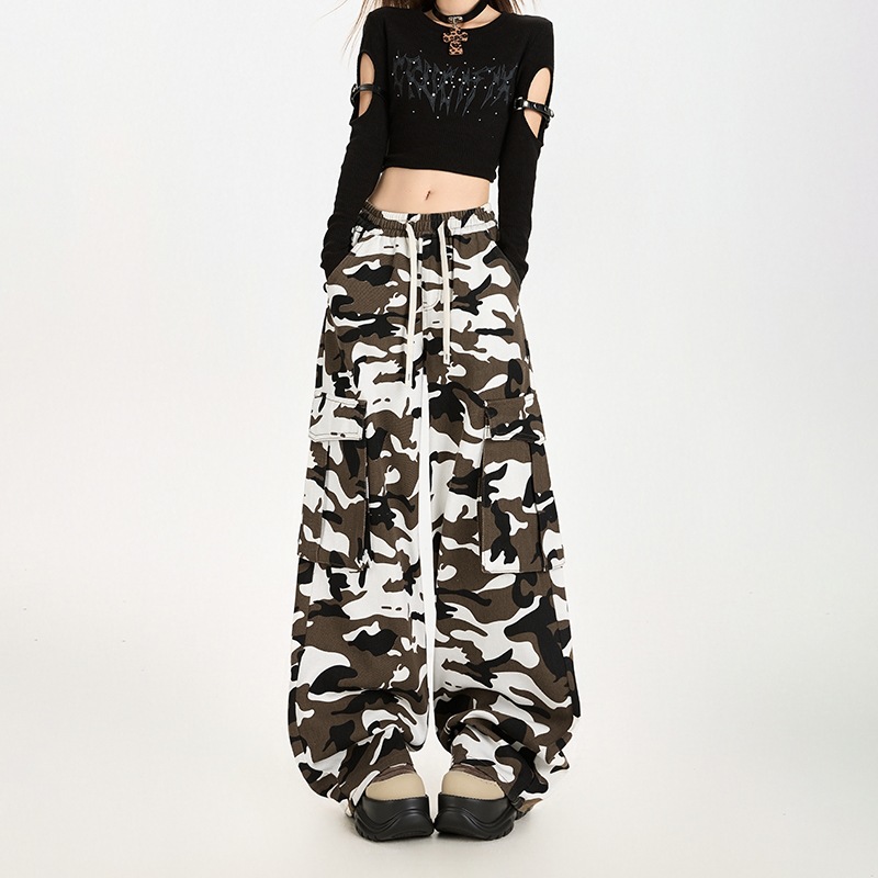 American-Style Camouflage Work Pants, Loose Casual Wide-Leg Long Pants, Fashionable and Unique, Trendy Elastic Waist Drawstring Jeans
