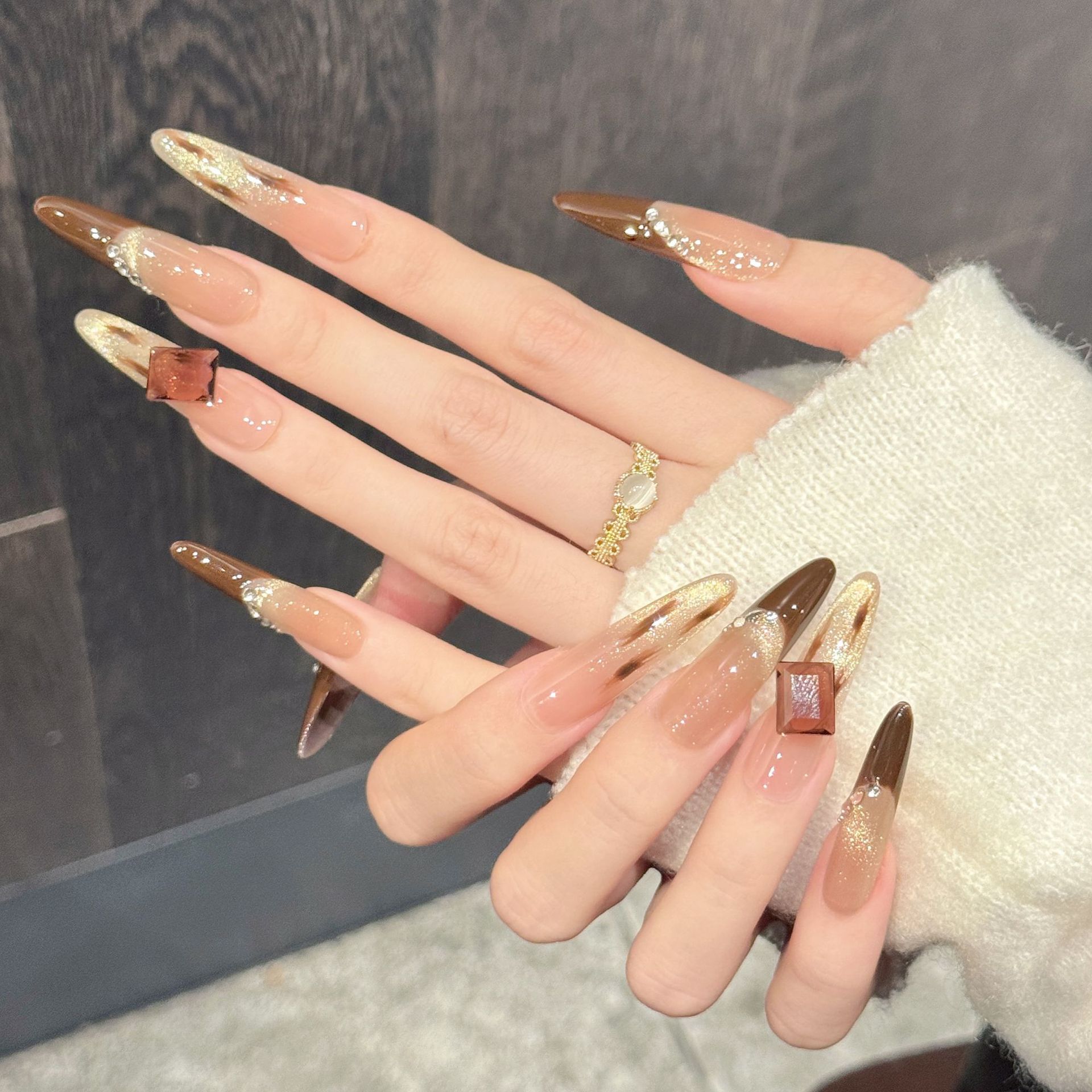 Rikaman Original [Brown Sugar Square Diamond] Handmade Wearable Nail Powder Brown Gradient Diamond Multi-Nail Style Light Luxury Nail Stickers