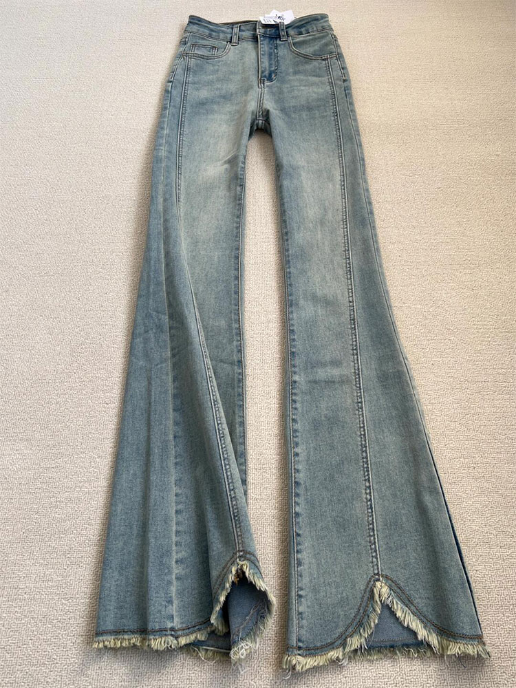 Light Blue Flared Jeans for Women, Plus Size, High-Waisted, Slimming, Split Straight Pants, Tall, Extended Length Pants for Women