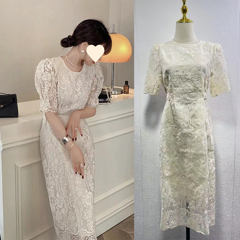 Bubble Short-sleeved Lace Dress Women's 2023 Summer Dress New French Style Heavy Embroidered Waisted Slimming Elegant Dress