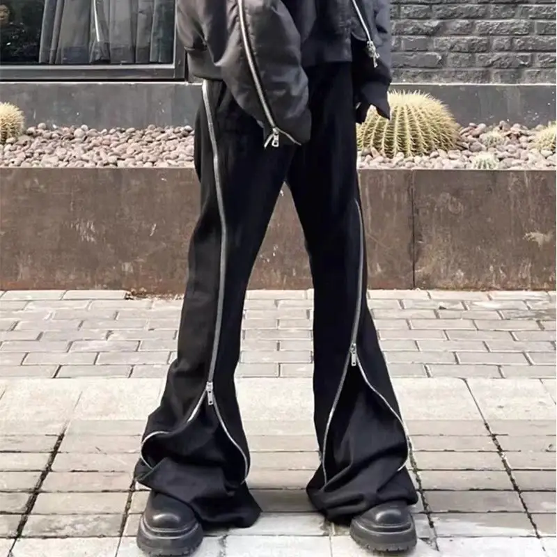 多拉链宽松休闲直筒喇叭牛仔长裤