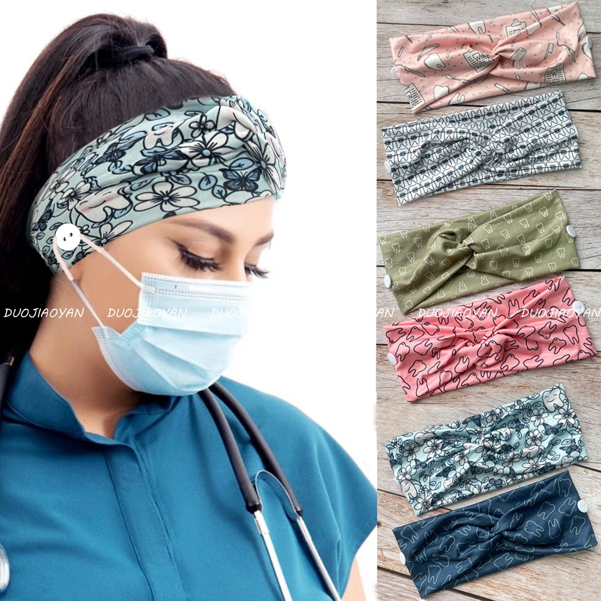 Cross-Border Medical Headband with Fashionable Printed Buttons, Cross-Over Headscarf, Dental Health Day Hair Accessory, Wide Elastic Sweat-Absorbing Hairband