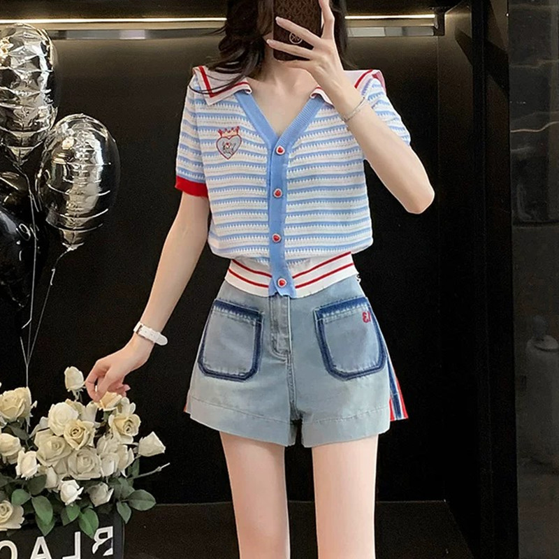 Fresh College-Style Blue and White Striped Navy Collar Knitted Cardigan 2026 Summer New Heart Embroidery Short Top