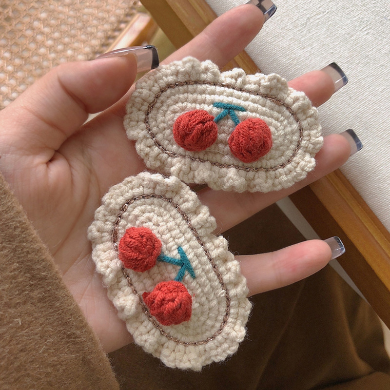 Cute wool knitted cherry hairpin Korean flower hand woven side clip women's jewelry hair accessories wholesale headdress