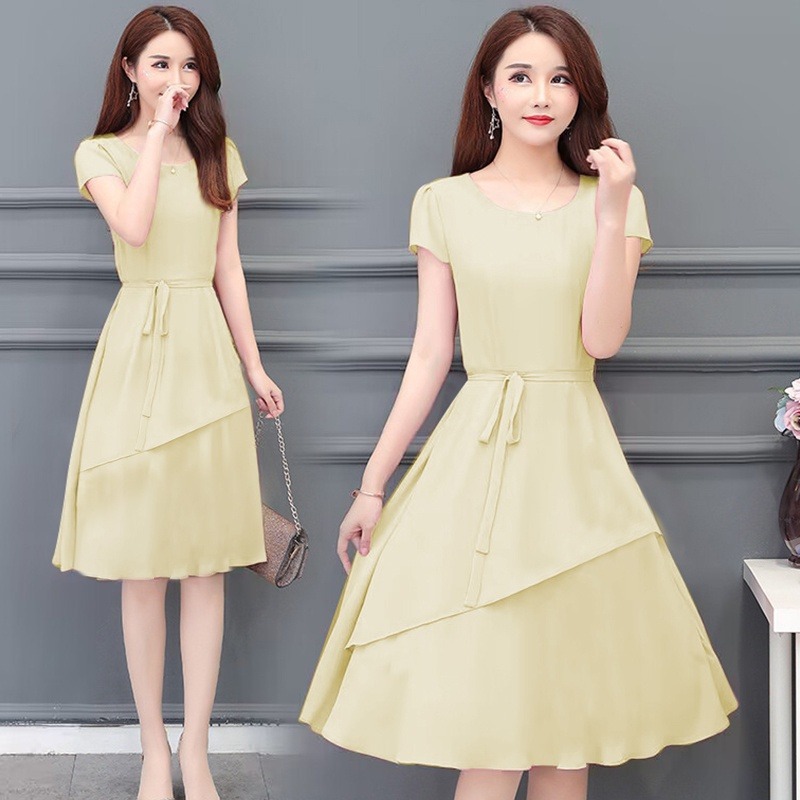 2026 Summer New Korean Style Slim-Fit Solid Color Dress for Women, Mid-Length Dress with Fashionable A-Line Design