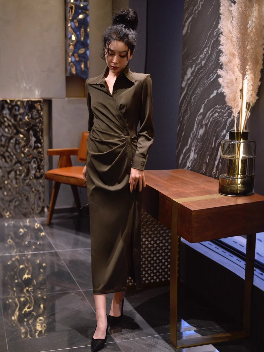 Nanyou 2025 High-End French Dress Yujie Style Pleated Wrap Shirt Collar Diagonal Placket Hip Slit Skirt