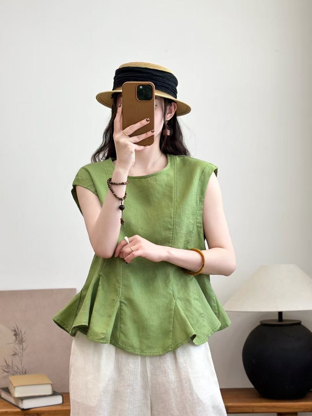 26 Summer Style Linen Blouse for Women, Round Neck, Loose Fit, Ruffled Edge, Thin New Style Sleeveless Shirt, Skin-Friendly Top