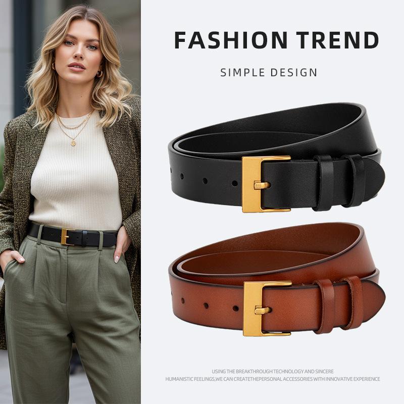Fashionable, Simple, and Versatile First-Layer Cowhide Leather Belt for Jeans and Dresses, Genuine Leather Belt with Metal Buckle
