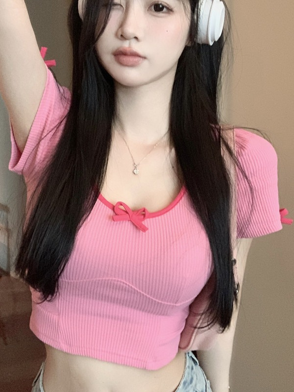 Cross-border Pure Desire Bow Short Top Women's Summer High Waist Navel Shoulder Design Hot Girl Sexy Short-sleeved T-shirt