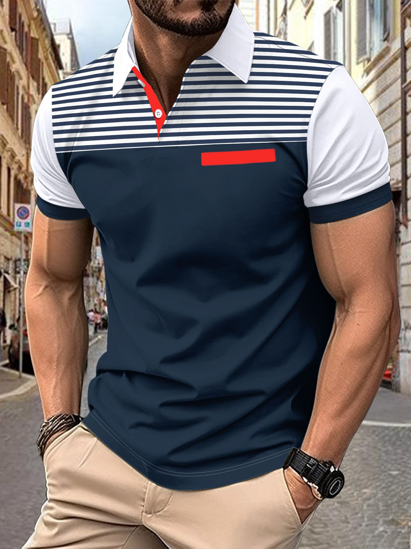 European and American cross-border Amazon men's summer striped printed casual short-sleeved POLO shirt men's casual POLO