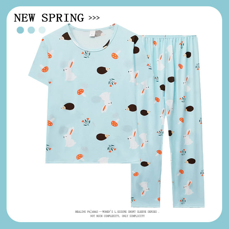 Pajamas Women's Summer Thin Round Neck Short Sleeve Pants Summer Fresh Casual Age-reducing Home Clothes suit Stall Wholesale