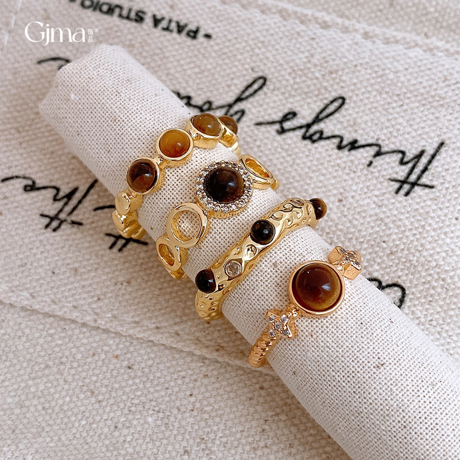 18K Real Gold Electroplated Vintage Geometric Star Tiger Eye Stone Ring, Niche High-End Fashion Personalized Jewelry